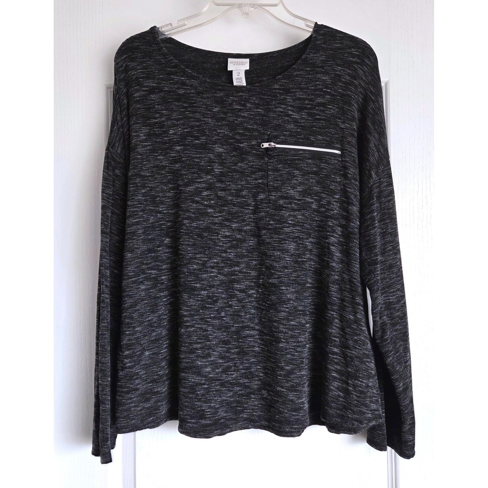 Weekends by Chicos Gray Space Dye Long Sleeve Zip Pocket Top Size 2/L Athliesure